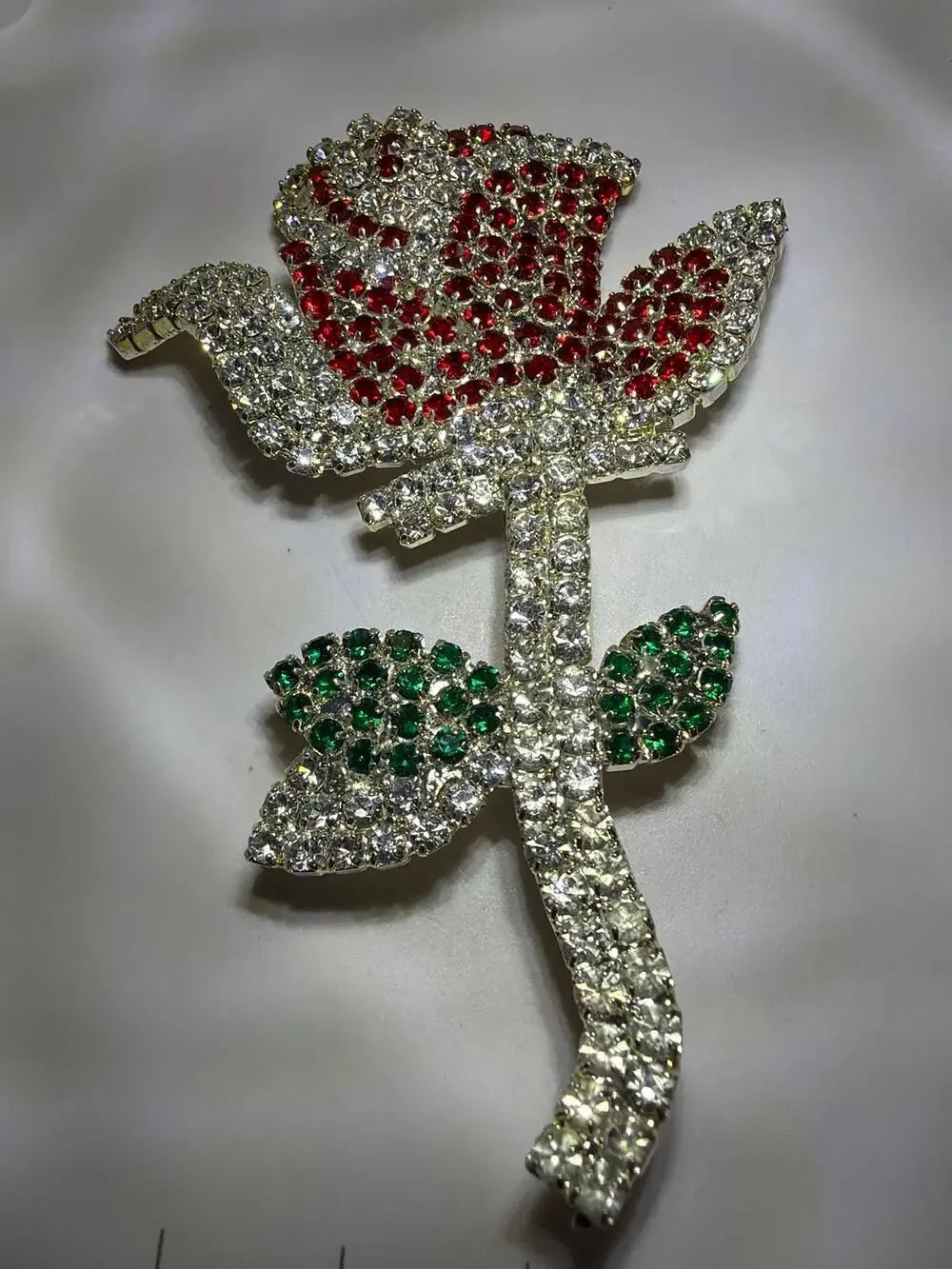 Large Red Rose Brooch Clear Red Green Rhinestones Silver Tone Flower Pin VTG